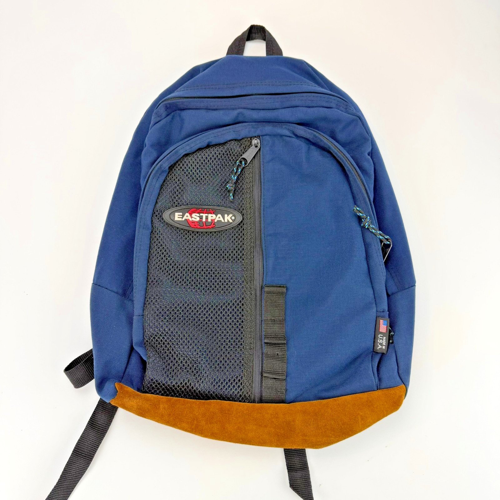 Vintage Eastpak Backpack Navy Blue Suede Bottom Mesh Pocket Made In USA Pack