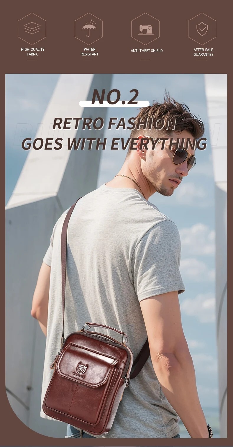 BULLCAPTAIN Men’s Leather Shoulder Bag 7.9″ Handbag Retro Casual Crossbody Bag