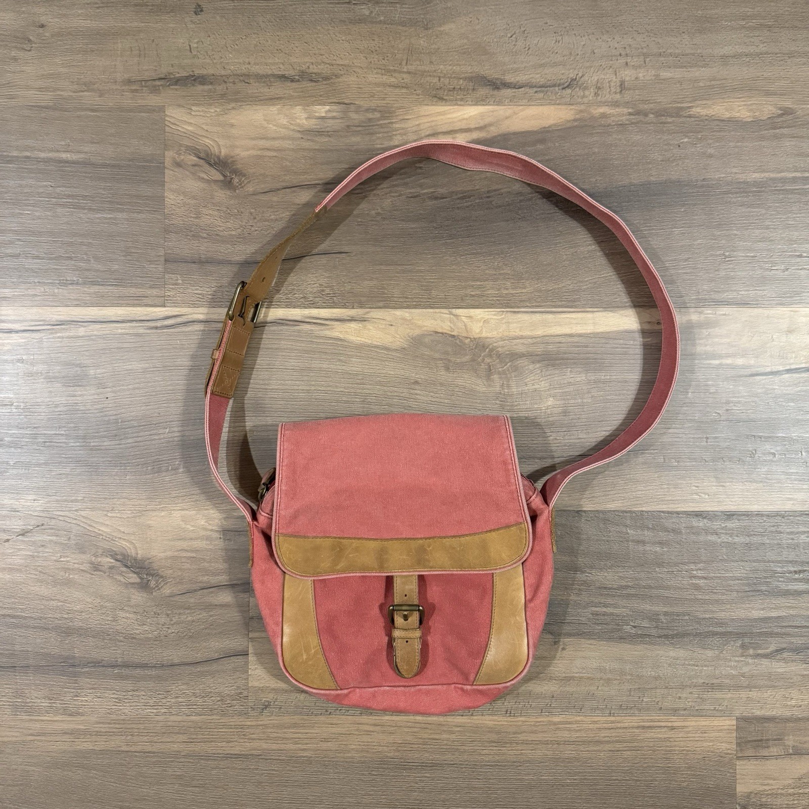 LL Bean PINK Canvas Field Messenger Shoulder Bag Brown Leather Trim Push Lock