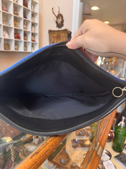Steve Mono Spain Black Leather & Cobalt Blue Canvas Double Envelope Bag Clutch