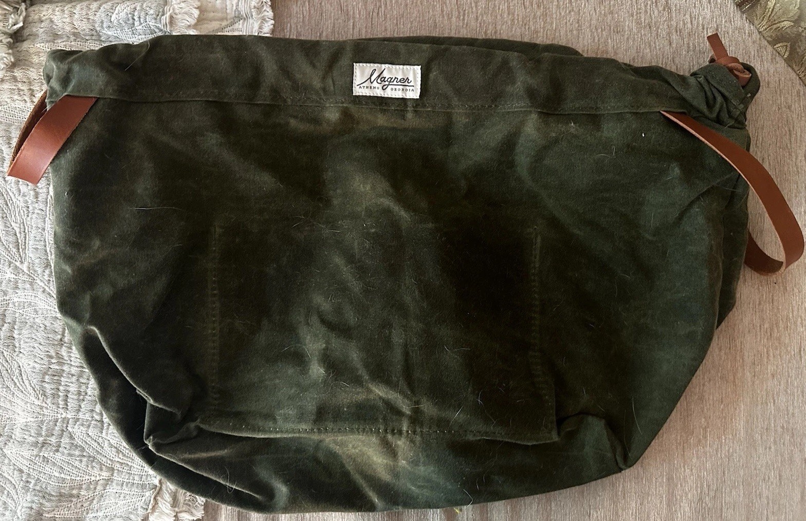 Magner Co. Biggy Waxed Canvas Knitting Bag Olive Green & Leather