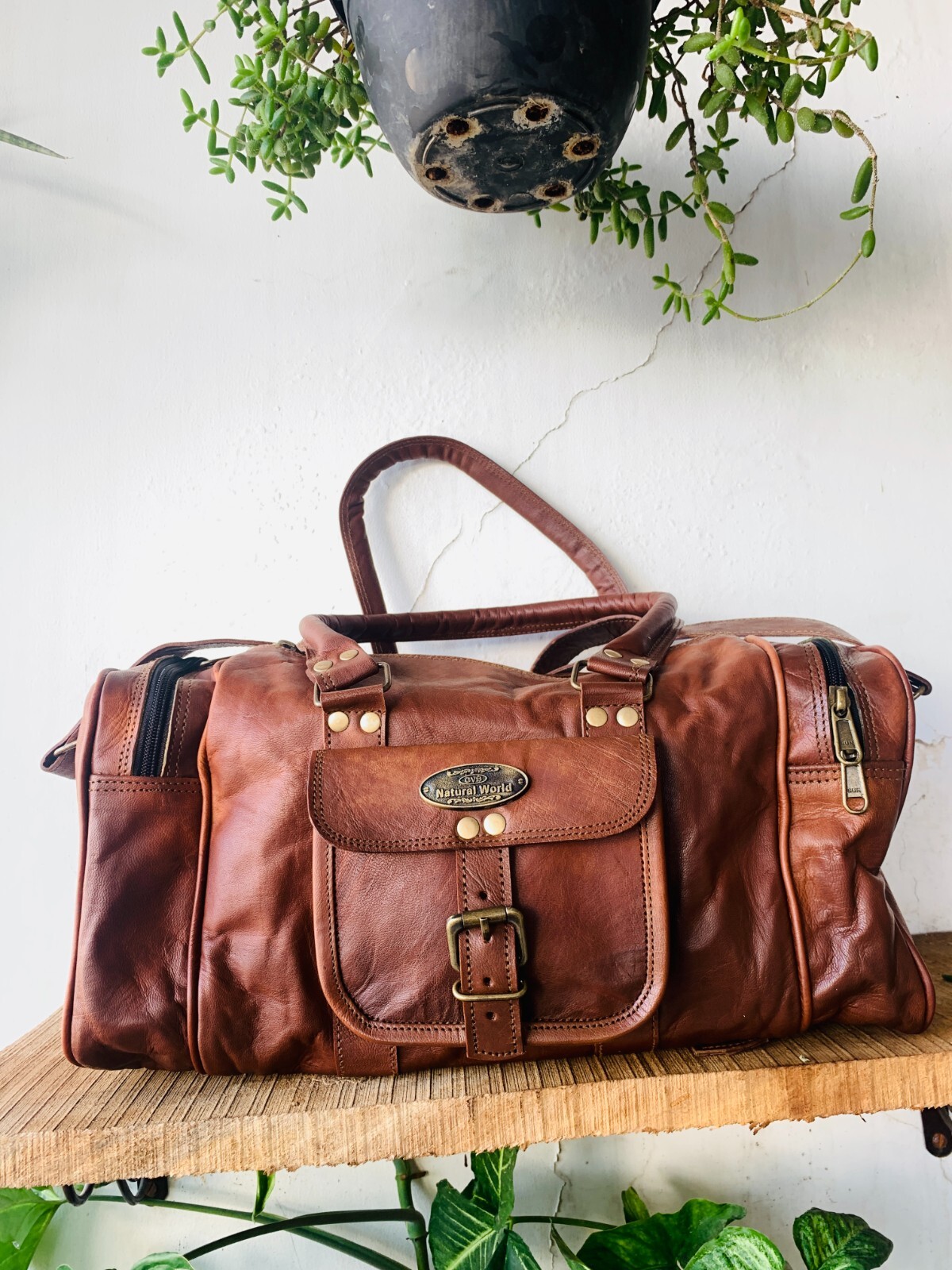 Bag Goat Leather Duffle Men Travel Luggage Genuine Brown Free Bag [ 7X9 inch ]