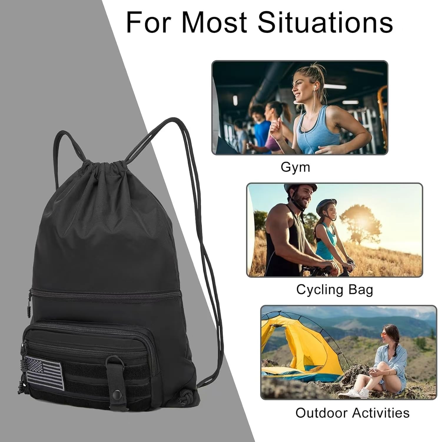 seyfocnia Drawstring Backpack Tactical String Bag with Zipper Pockets Waterpr…