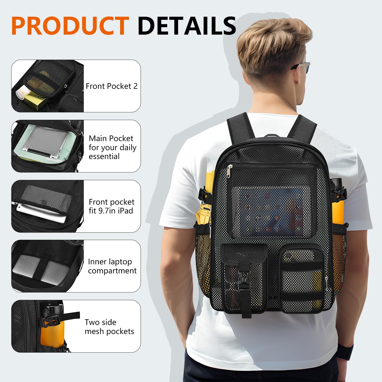 Mesh Backpack SemiTransparent Laptop Compartment Bungee Padded Strap Black