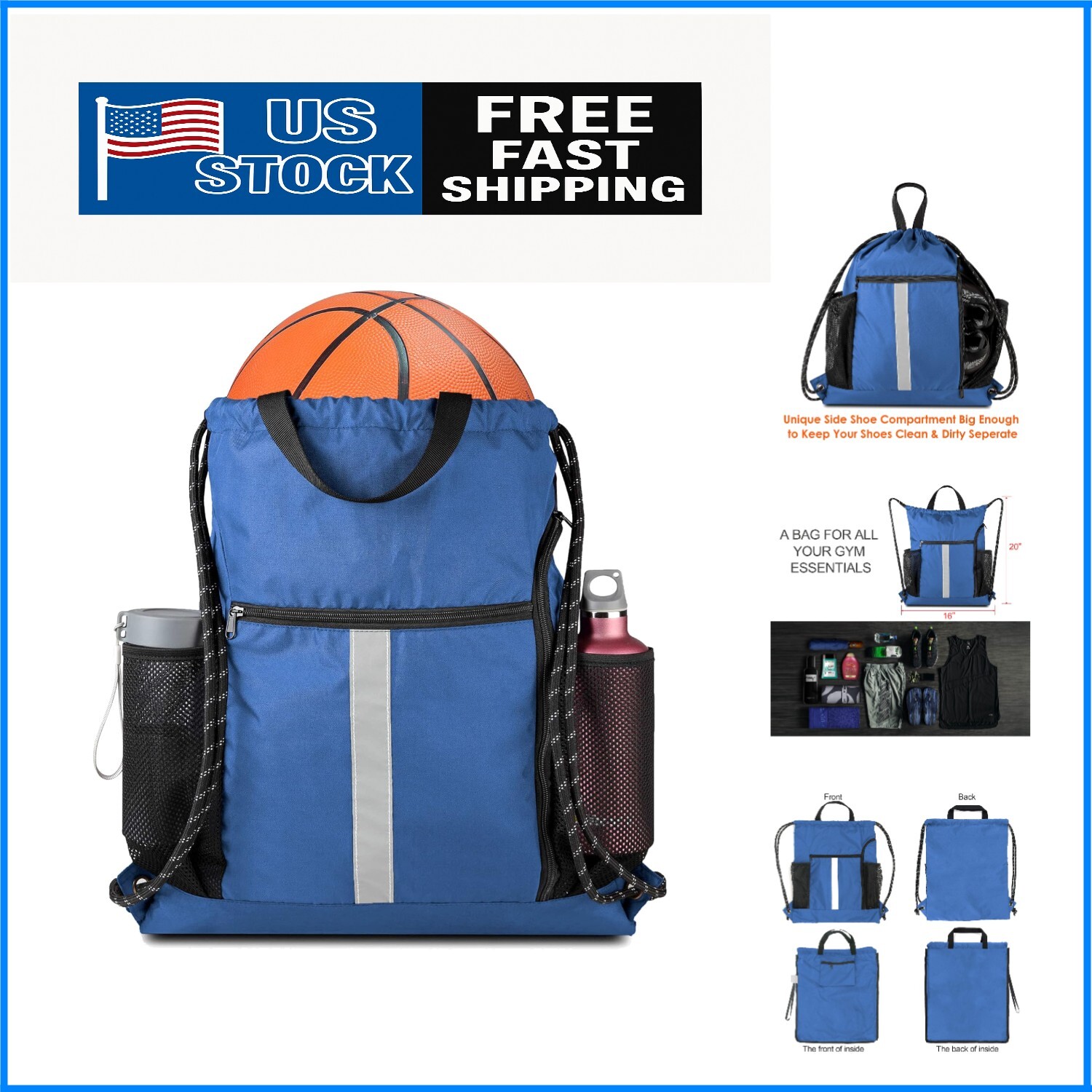 Spacious Drawstring Sports Backpack with Five Pockets & Machine Washable Design