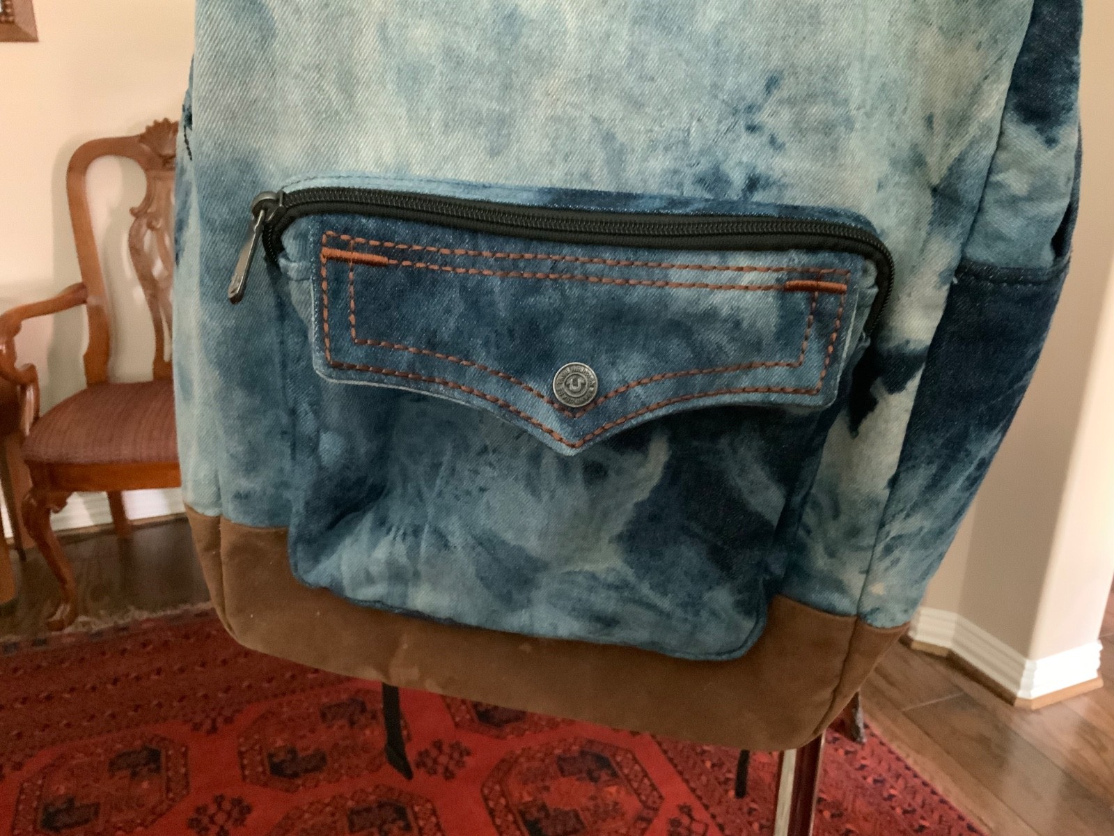 True Religion Denim Backpack Men’s Indigo Suede Logo Patch Flap Laptop Bag READ