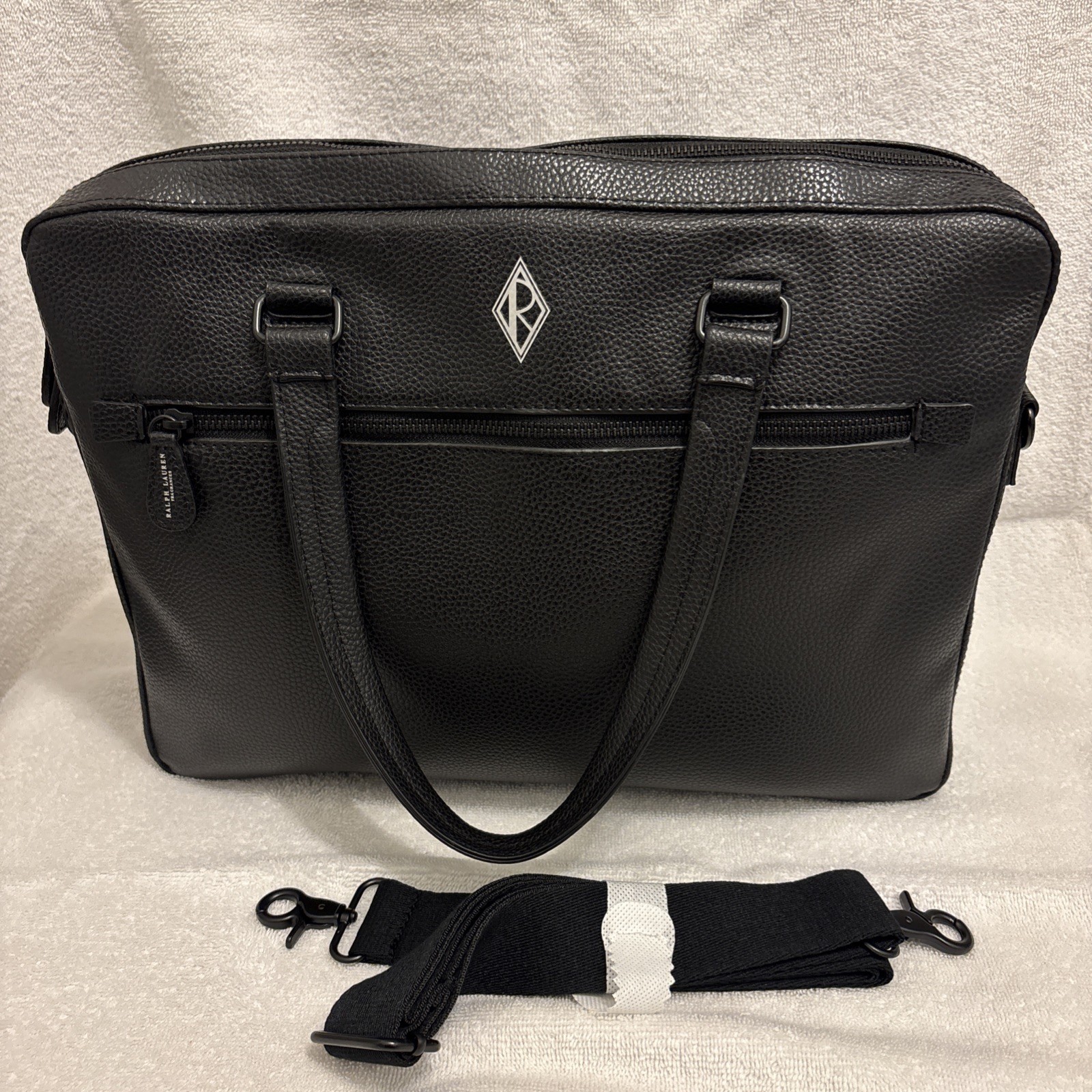 Ralph Lauren Black Briefcase Messenger Bag Laptop Case Faux Pebbled Leather NEW