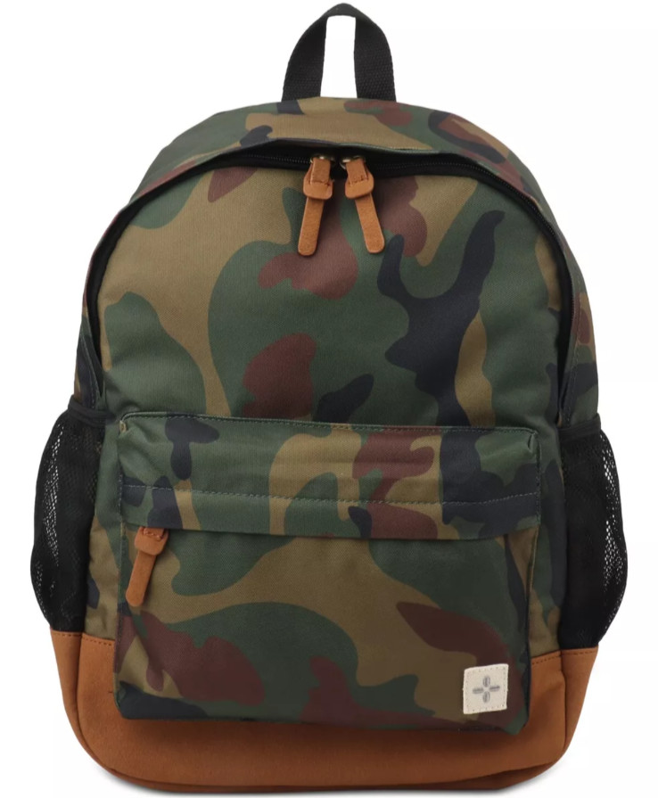 Sun + Stone Riley Green Brown Camouflage Faux Suede Backpack