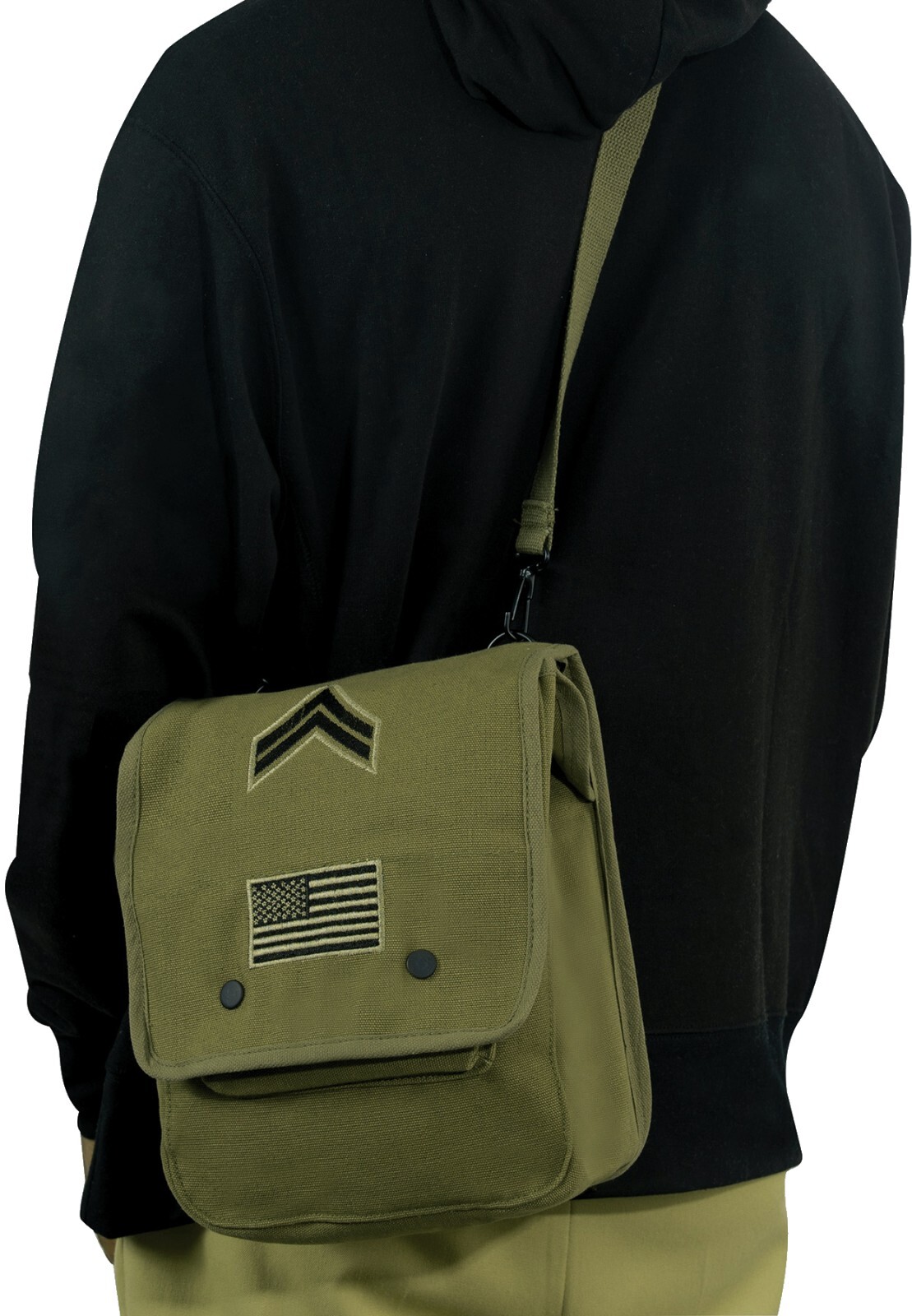 Olive Drab Heavyweight Canvas Map Case Shoulder Bag with Flag & Corporal Patches