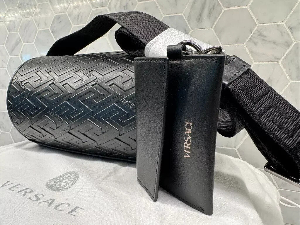 Versace LA GRECA SIGNATURE MESSENGER Leather Logo Monogram Embossed Bag 1007683