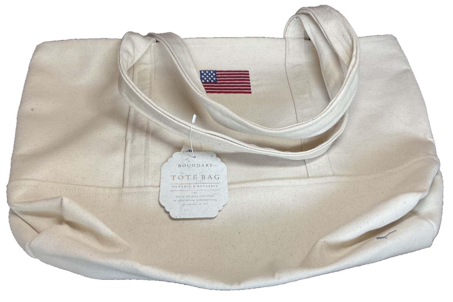 BOUNDARY DURABLE TOTE BAG BEIGE AMERICAN FLAG 14” x 22” x 5” 100% COTTON NWT