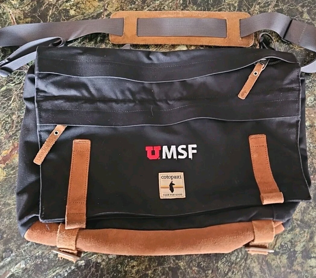 Cotopaxi Canvas Shoulder Messenger Laptop Bag Brown Leather Trim KPong Branding