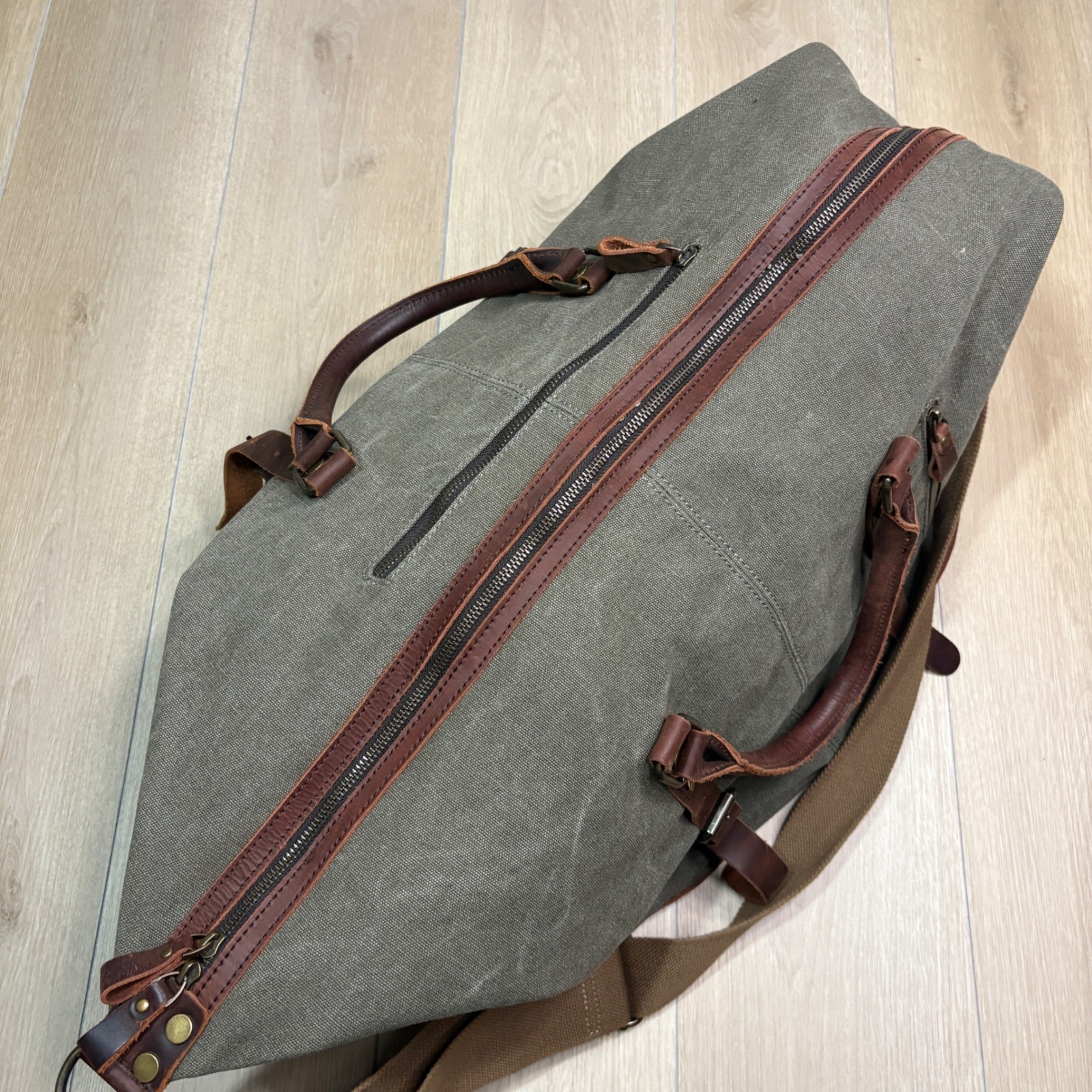 S-ZONE Canvas Leather Duffel Bag Weekender Overnight Travel Bag Green Brown
