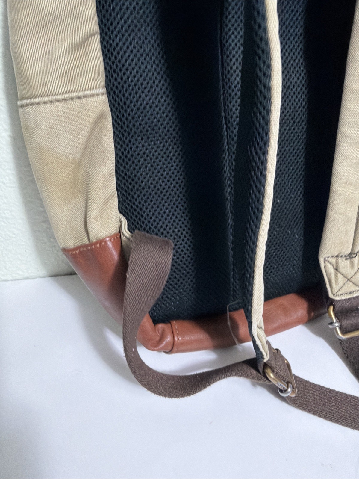Fossil Estate Canvas Leather Backpack Beige Brown Stained 16x10x5