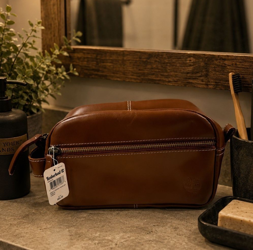 Timberland Nevada Men’s Leather Cognac Toiletry Bag Travel Kit Accessory NEW