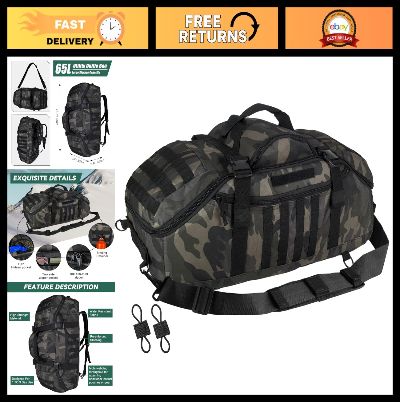 65L Large Tactical Duffle Bag & Backpack, MOLLE Pack for Sports, Gym, Outdoor