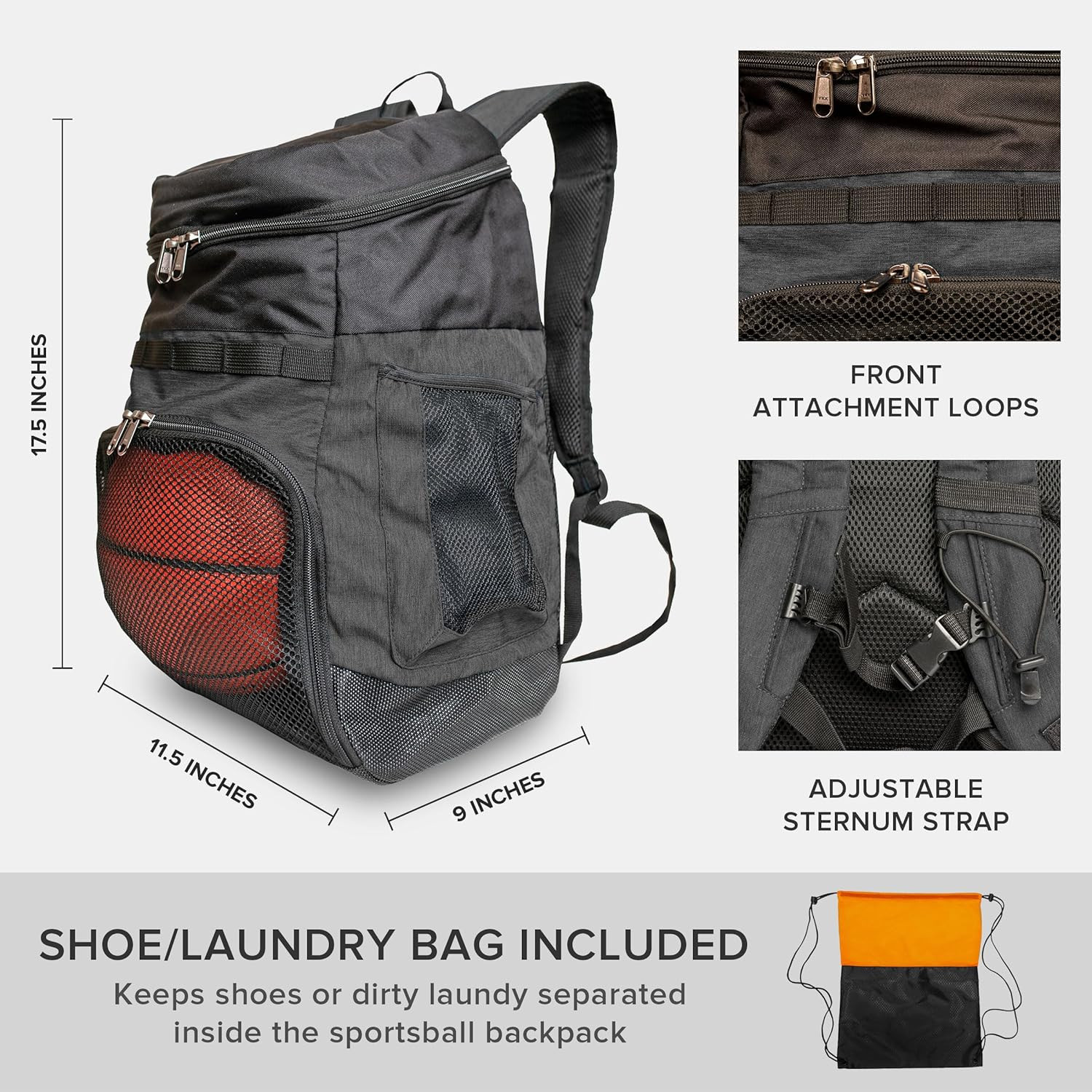 Basketball Backpack Ball Compartment 25L Sports Gym Bag Shoe Pocket Black