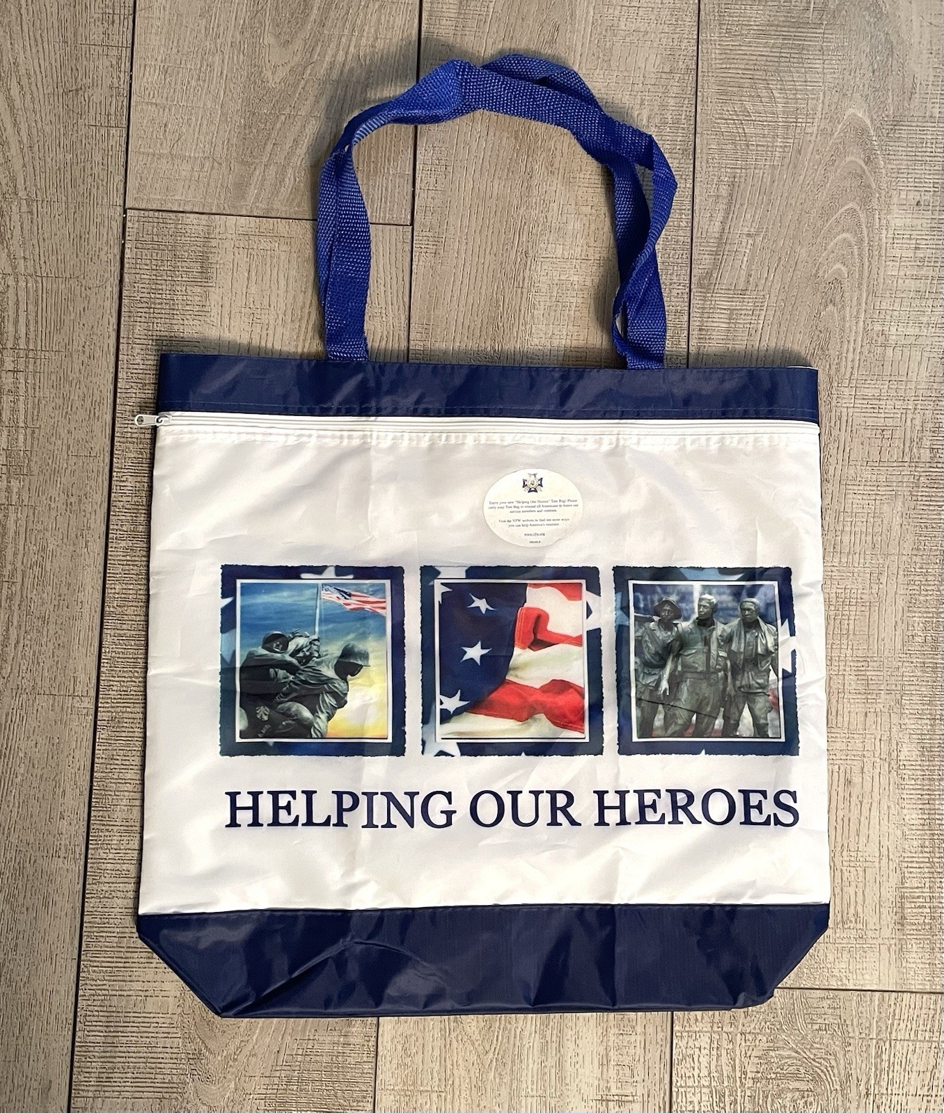 Helping Our Heroes White & Blue Reusable Vinyl Tote Bag Veterans of Foreign Wars