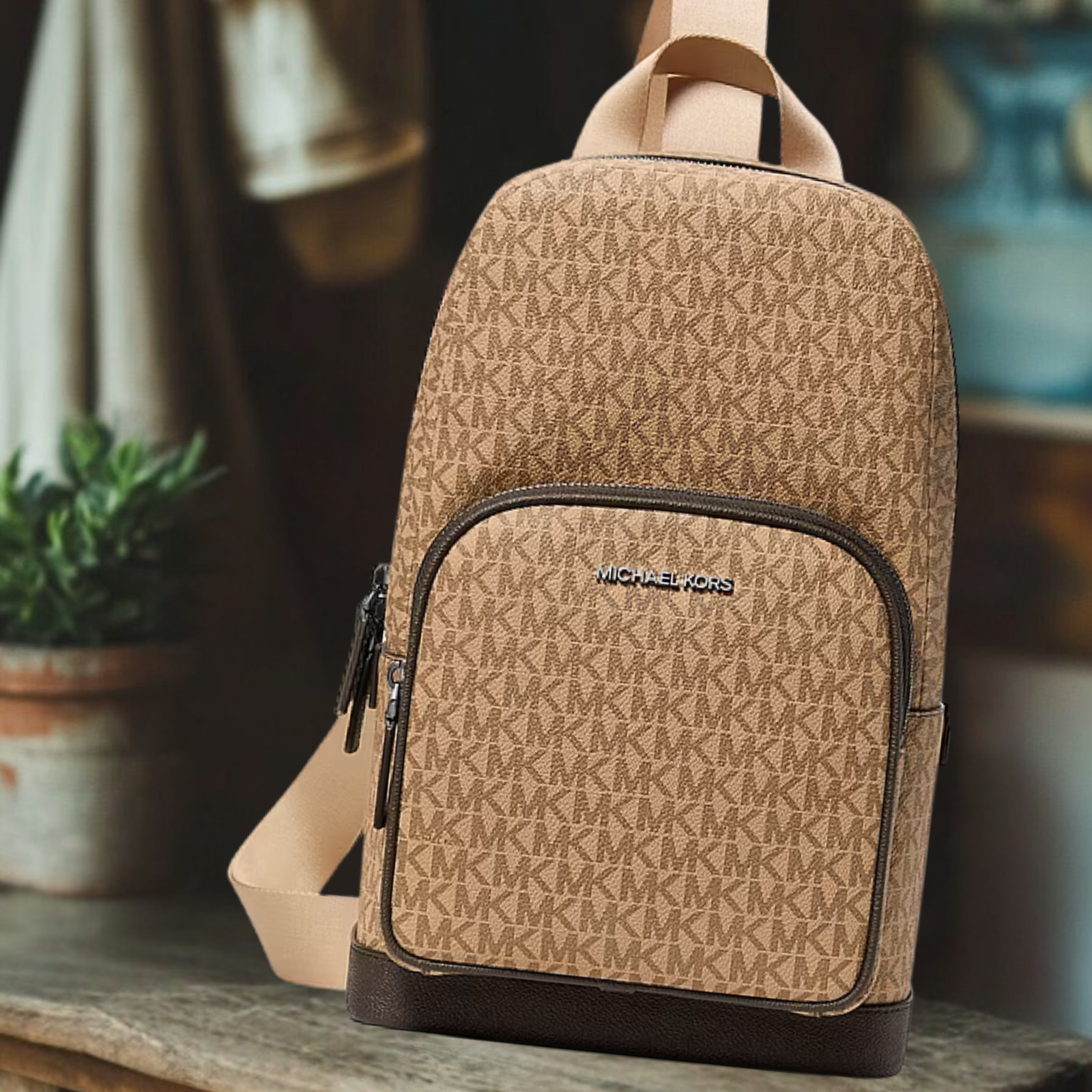 Michael Kors Cooper Men MK Logo Print Canvas Crossbody Sling Pack Bag Camel