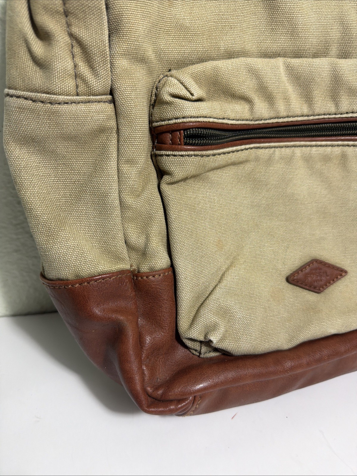 Fossil Estate Canvas Leather Backpack Beige Brown Stained 16x10x5