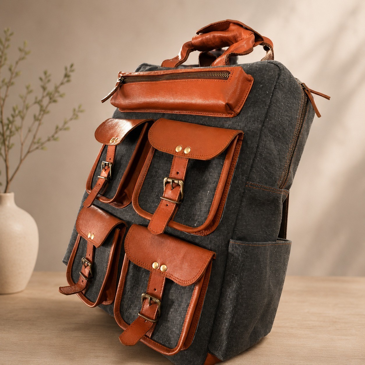 Luxury Travel Series Canvas & Leather Rucksack, 18″ Multi-Pocket Travel Shoulder