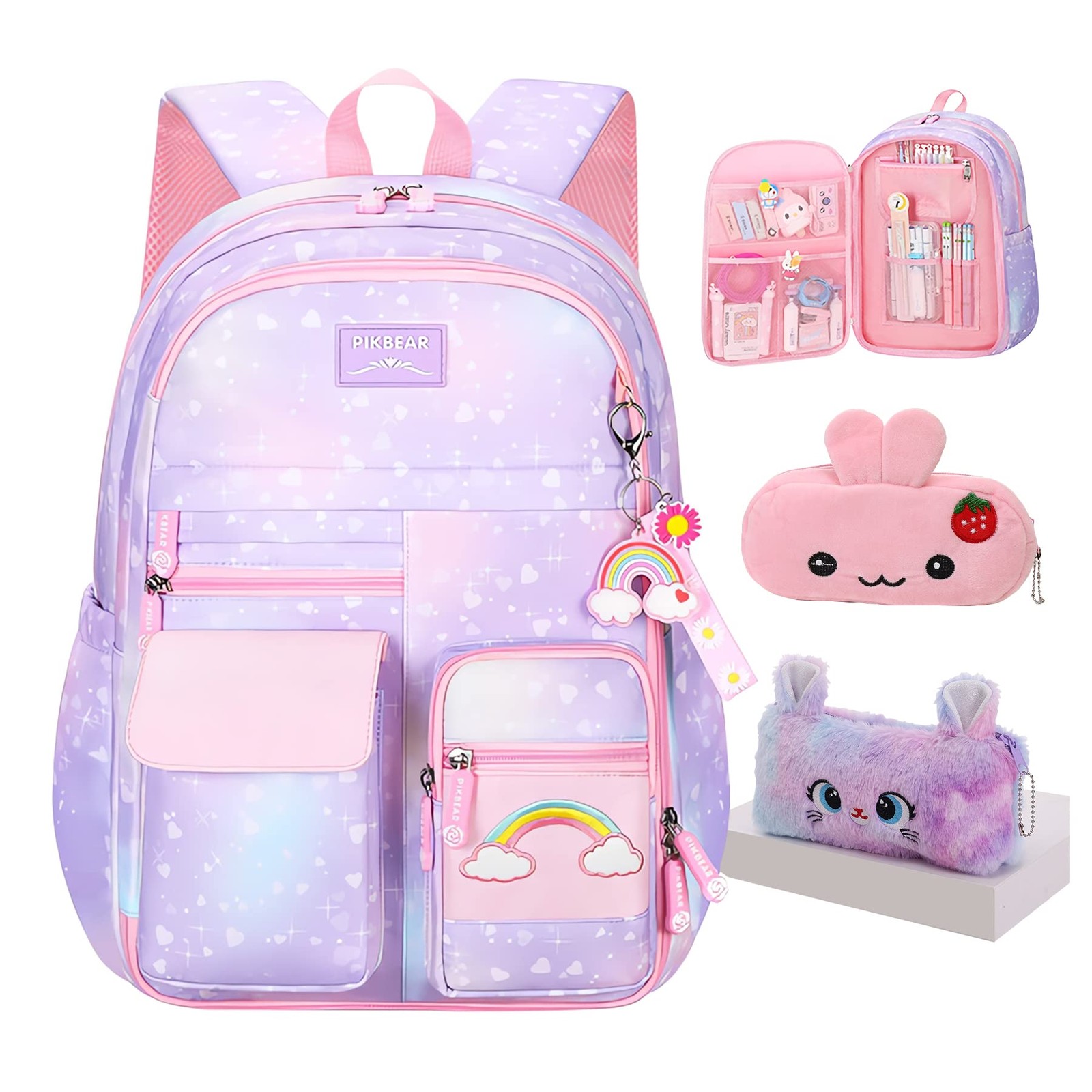 Rainbow Backpack for Girls Kids with Pen Bag Aesthetic School Travel Bag