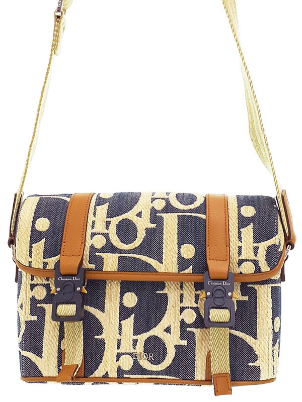 Christian Dior Hit The Road Messenger Bag Canvas Leather Blue Beige Brown