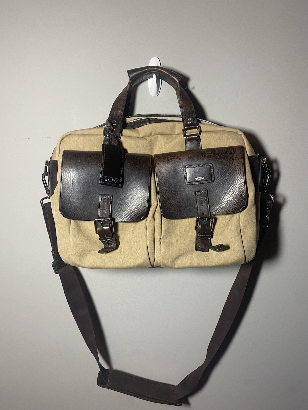 Vintage TUMI Tan Canvas Brown Leather Messenger Briefcase Bag Worn Distressed