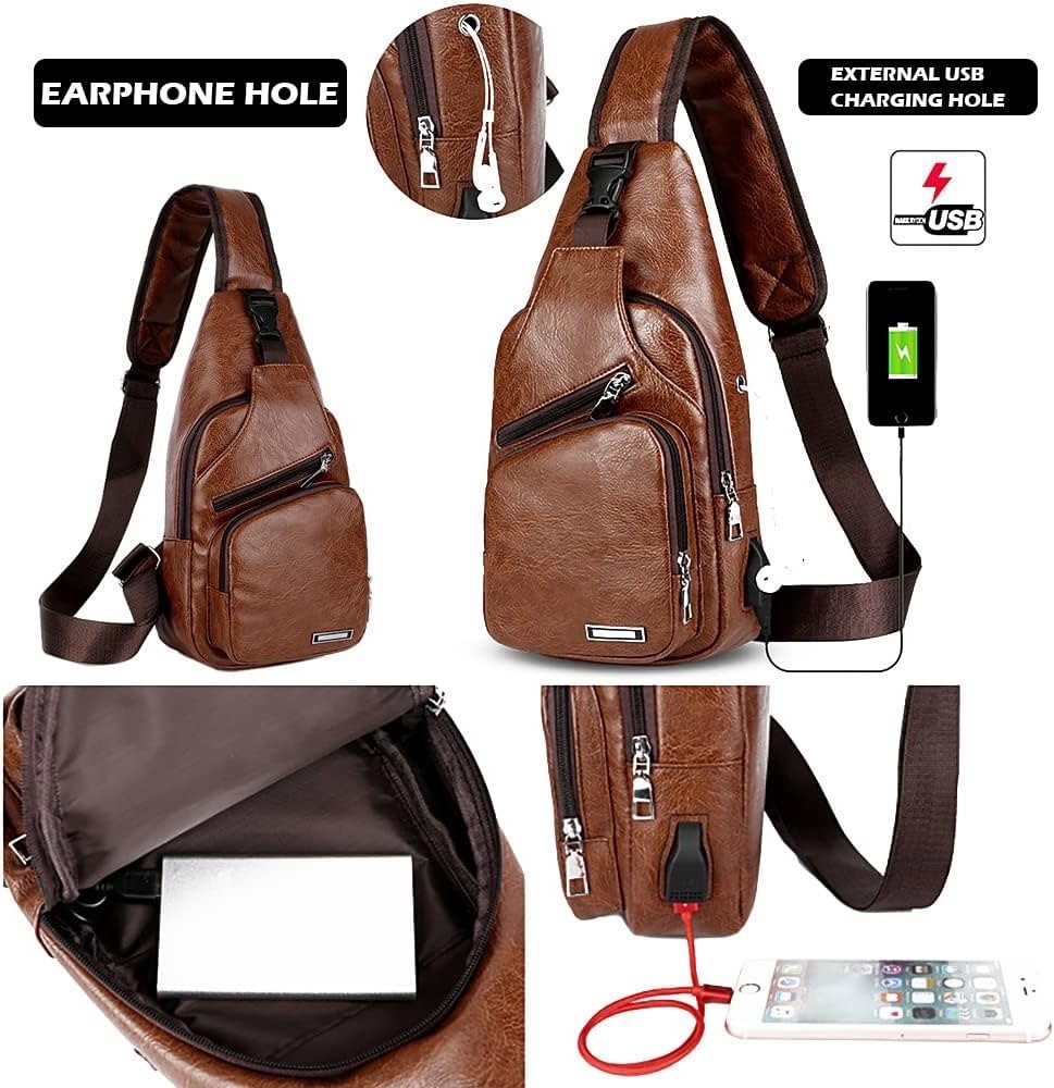 LEBULLBRO Men Sling Backpack Genuine Leather Chest Crossbody Travel Shoulder Bag