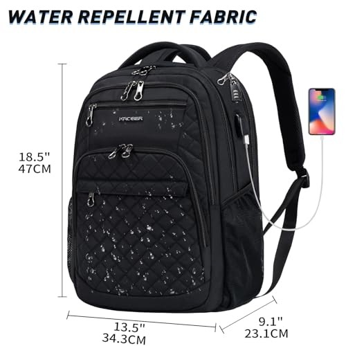 Travel Laptop Backpack Large Computer Backpack Water 17 Inch Quilted Black