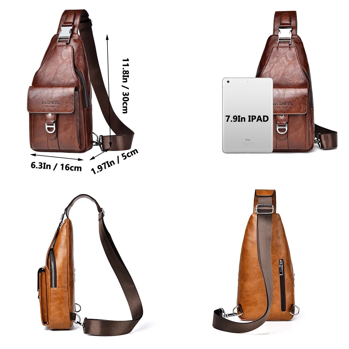 Sling Bag for Men PU Leather Waterproof Crossbody Chest Pack Hiking Cycling