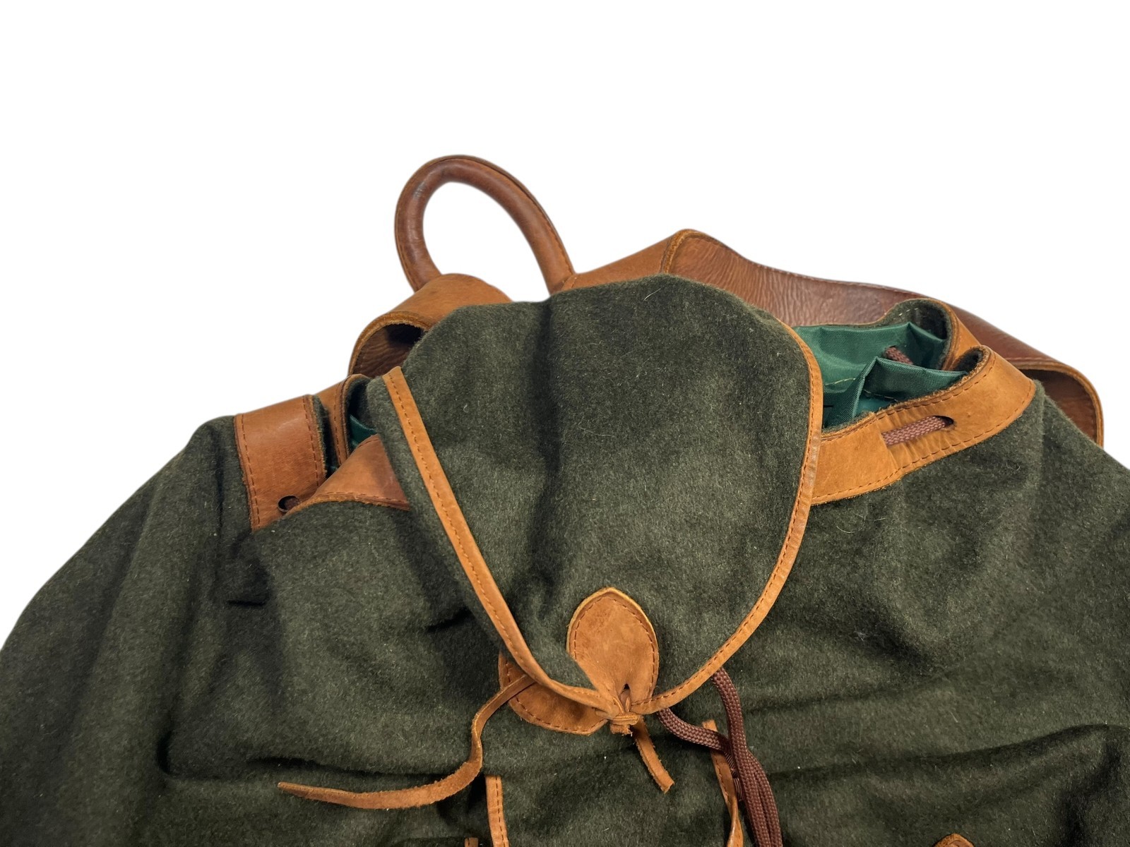Vtg UNBRANDED Green/Brown BEAUTIFUL WOOL/LEATHER BACKPACK Travel Hike Gear Bag