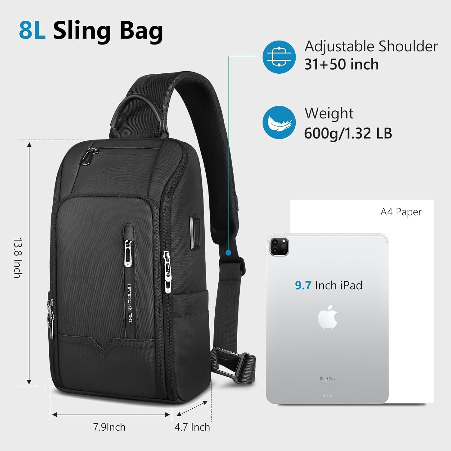 Crossbody Sling Bag for Men, Waterproof Sling Crossbody Backpack with USB Chargi