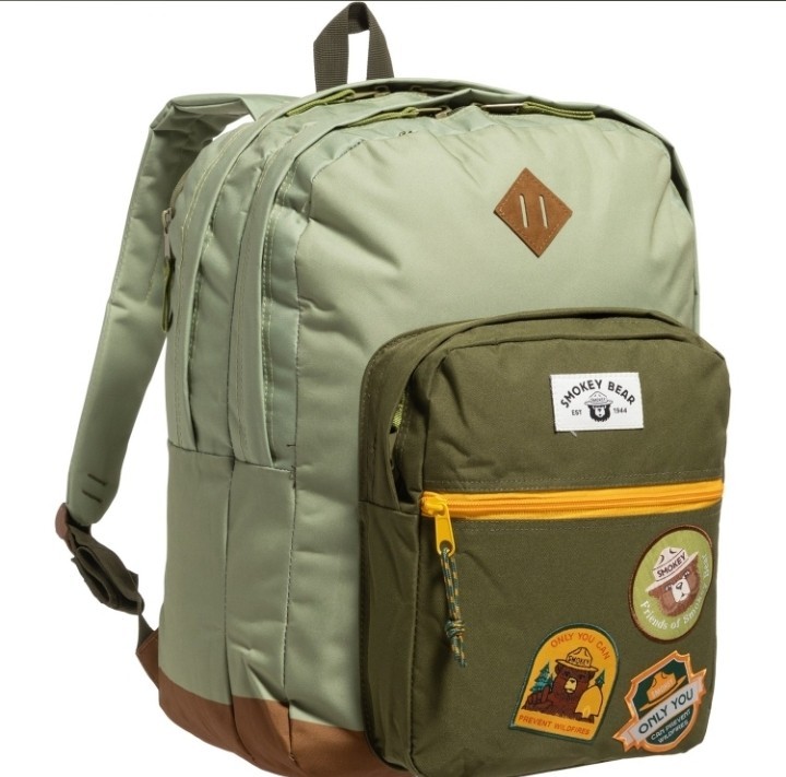 Mad Engine Smokey Bear Patch Backpack 3 Main Compartments Light Green Adult NWT