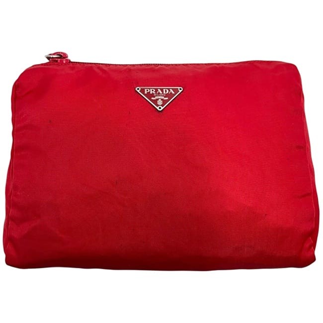 Prada pouch, red Tessuto leather, nylon, used, size 60, PRADA zipper,