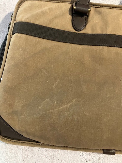 Fossil Messenger Commuter Laptop Bag Canvas Twill Light Brown w/ Leather Accents