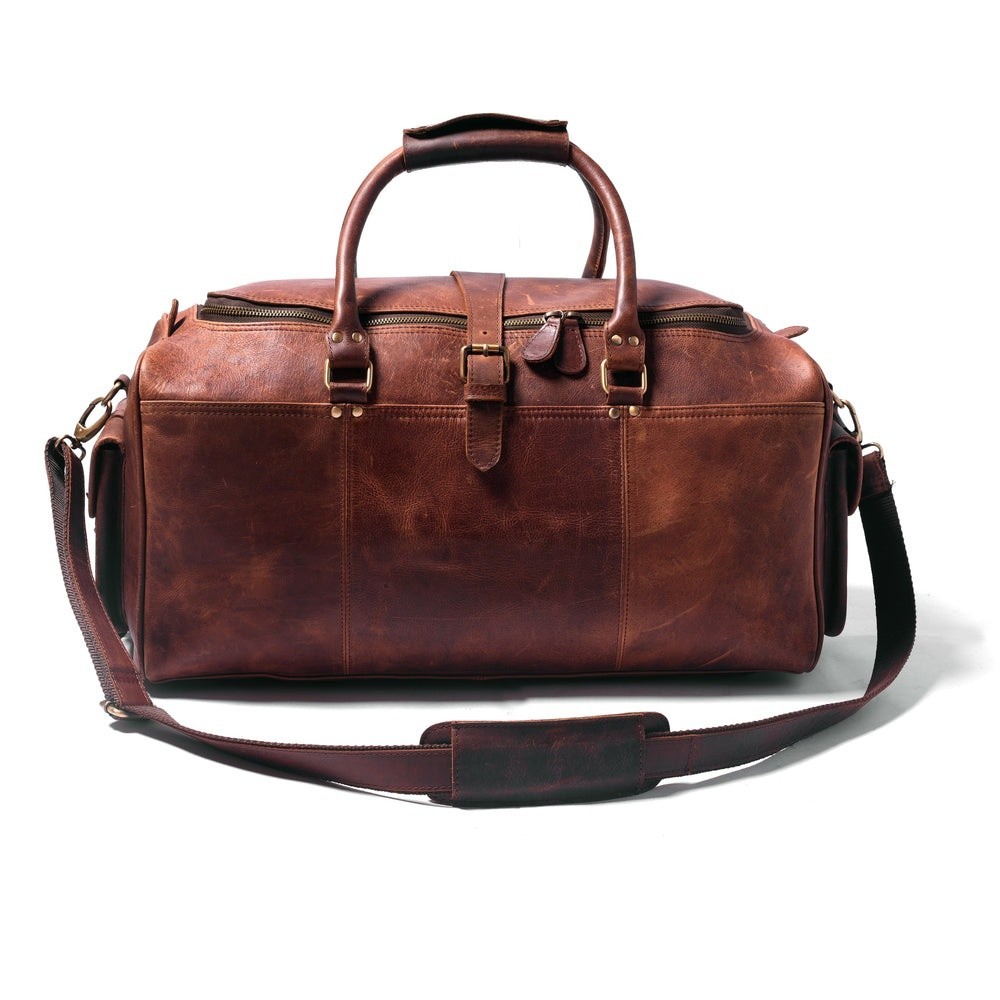 Men’s Full Grain Buffalo Leather Duffle Bag Vintage Travel Weekender Brown 22″.