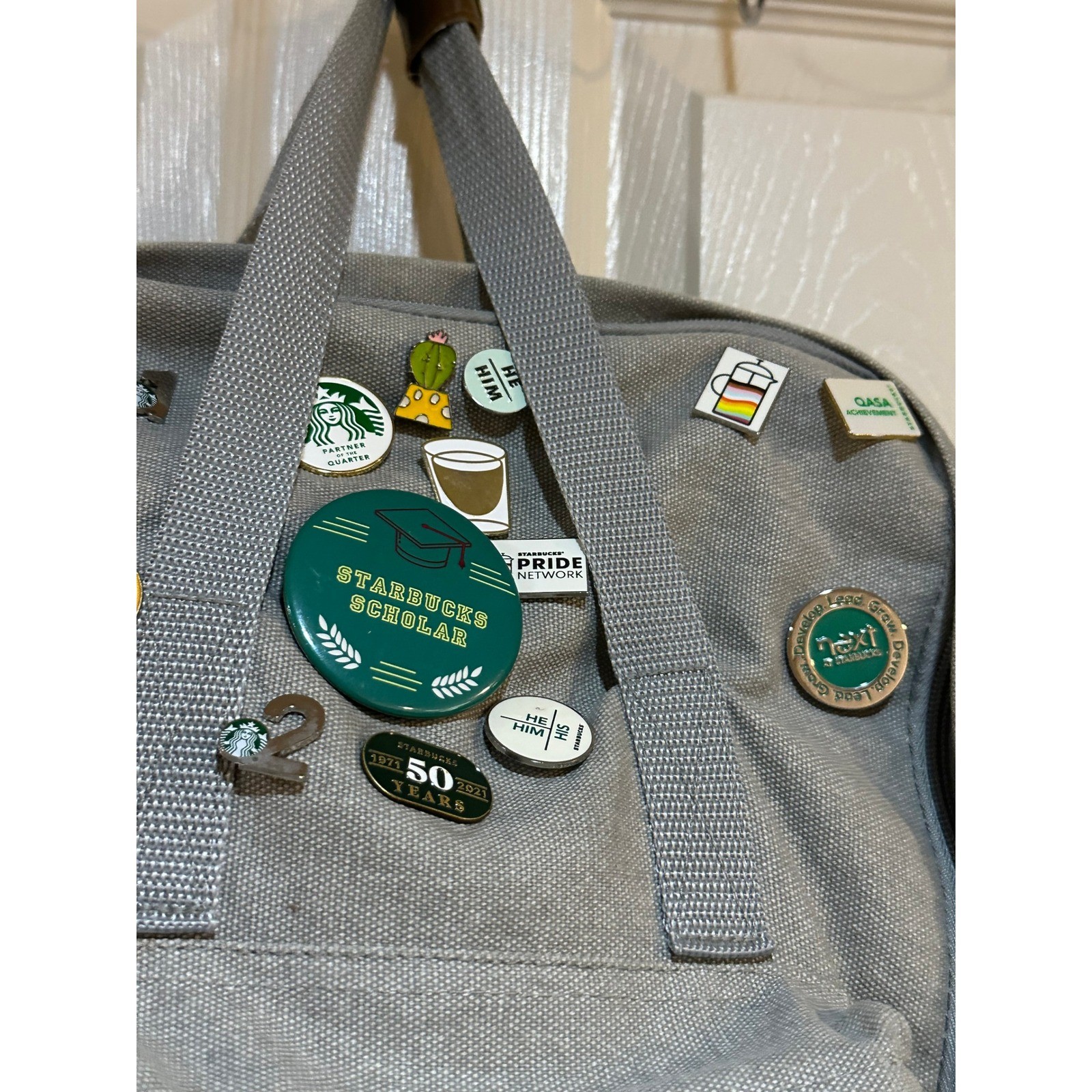Starbucks Coffee Gray Canvas Backpack with Assorted Enamel Partner Pins Bundle