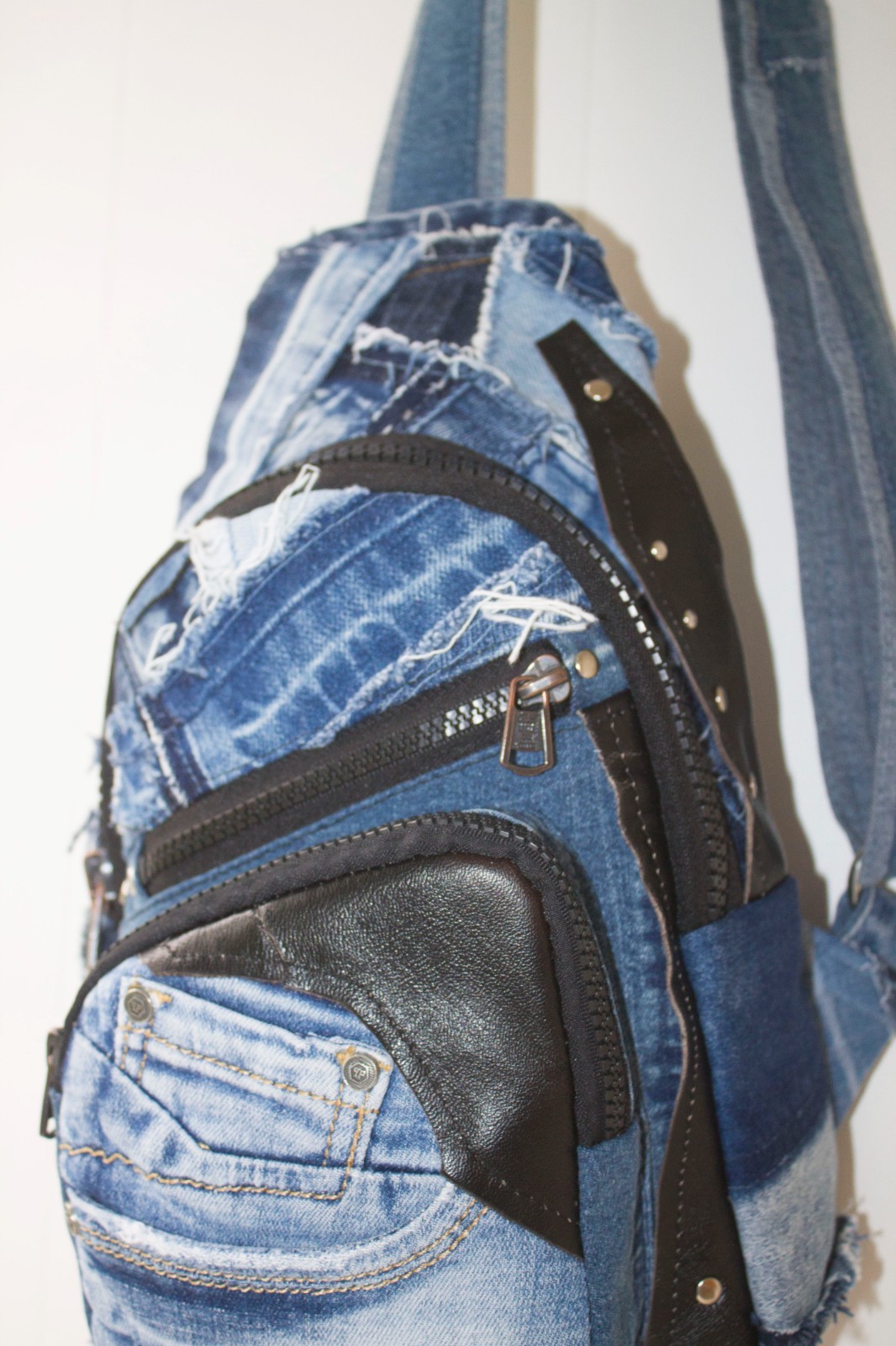 Denim single-strap chest backpack Upcycling Unisex sling bag