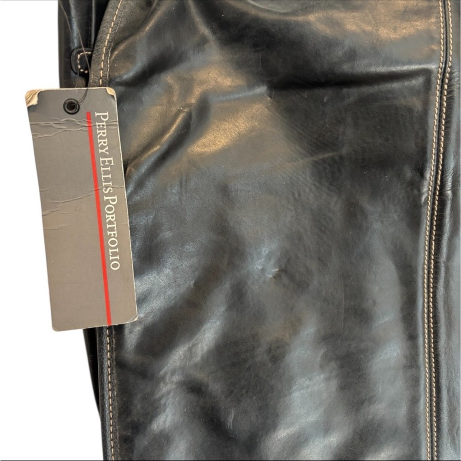 NWT Perry Ellis Portfolio Full Flap Black Leather Adjustable Messenger Bag