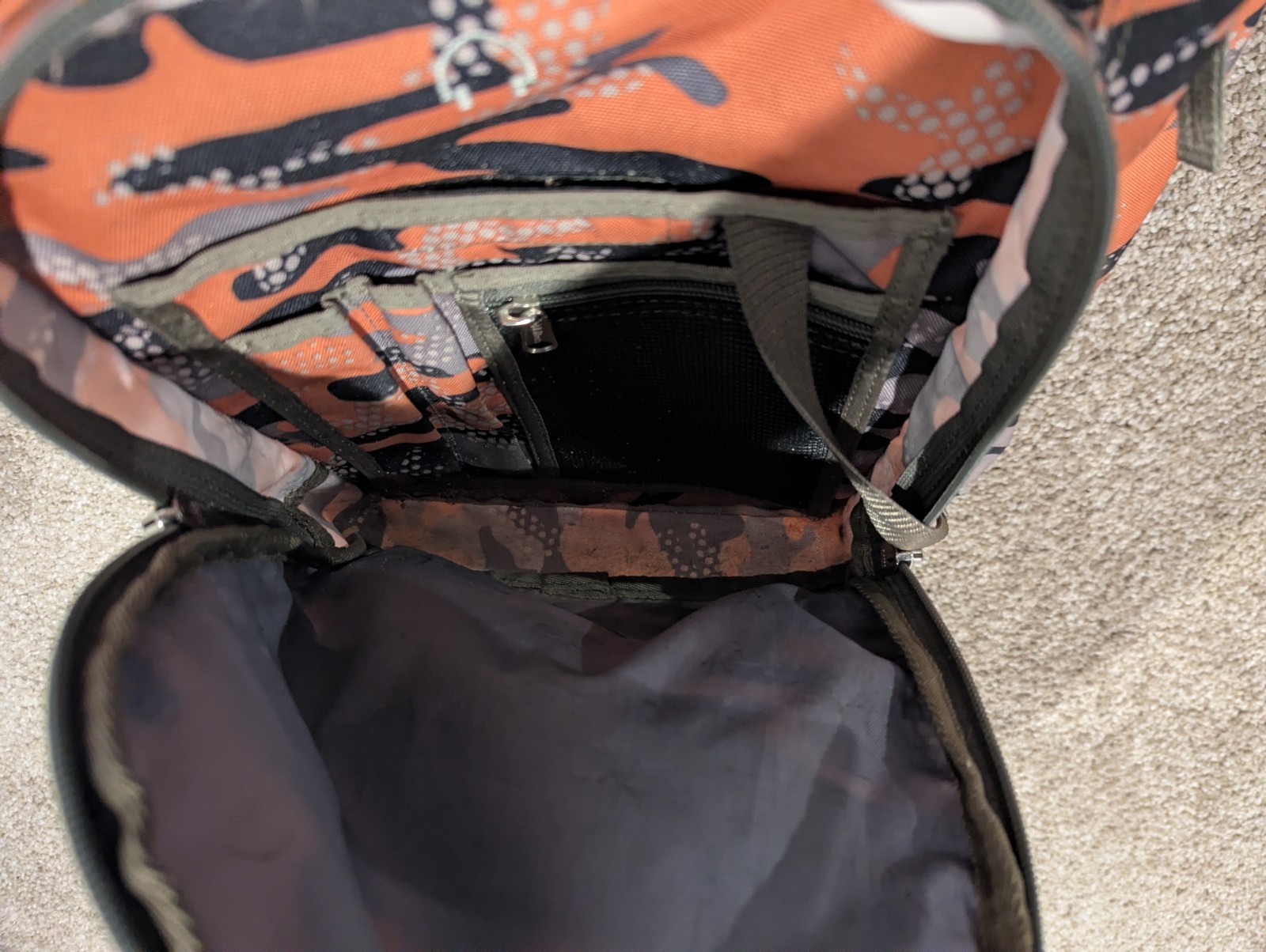LL Bean 90s Deluxe Backpack Orange Camo Reflective Outdoors School Vinatge