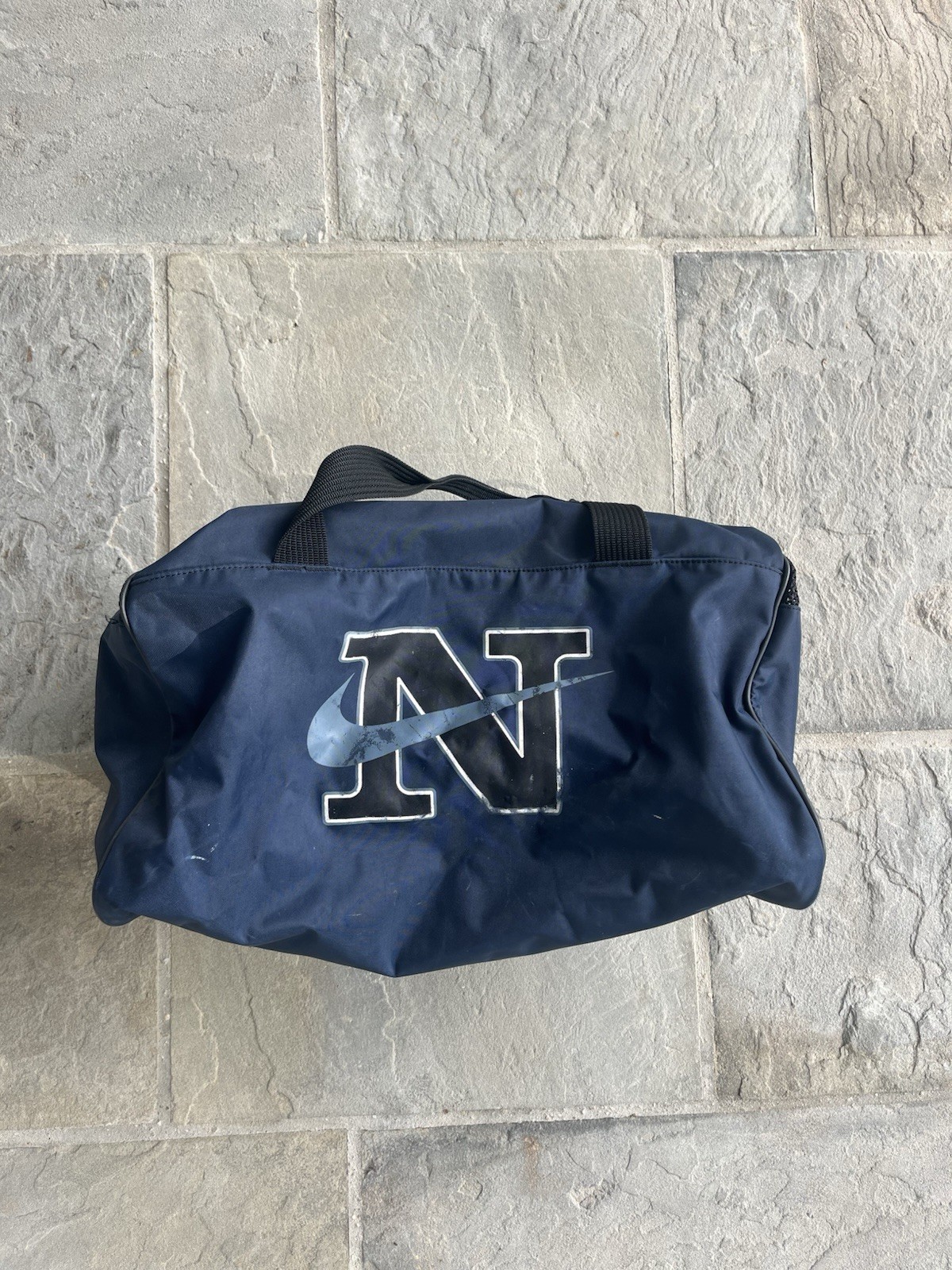 Vintage 90s Nike Duffle Gym Bag Navy Blue Adjustable Strap Spell Out Swoosh