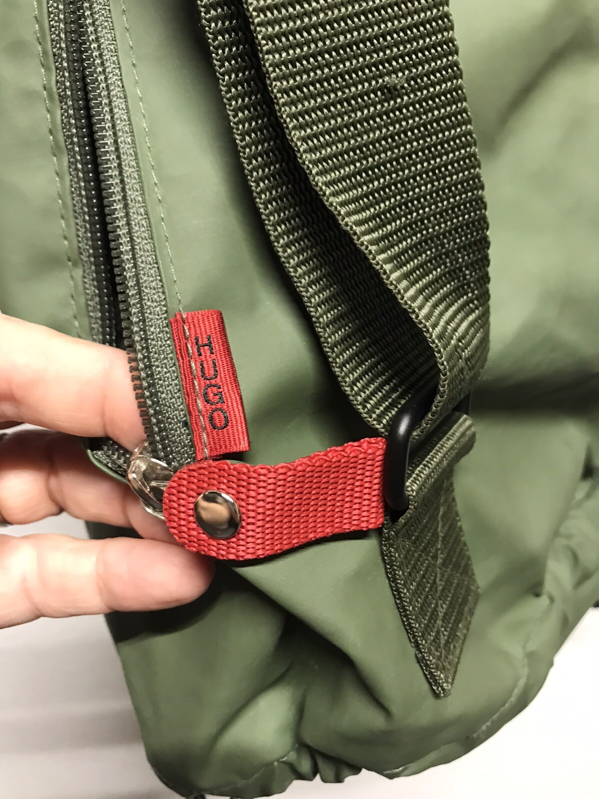Hugo Boss Army Green Back Pack Nylon PVC 15” X 14” Bungee Button