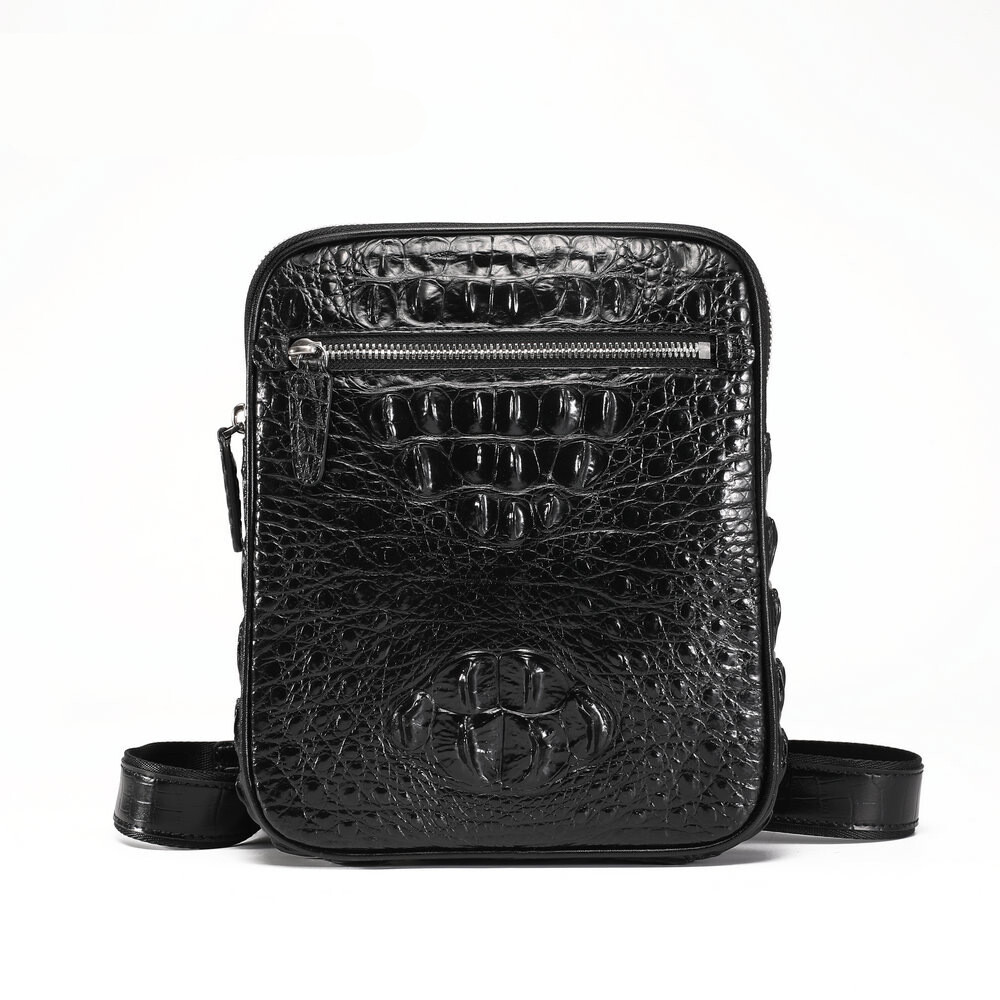 Handcrafted Black Genuine Croco Skin Leather Sling Shoulder Bag