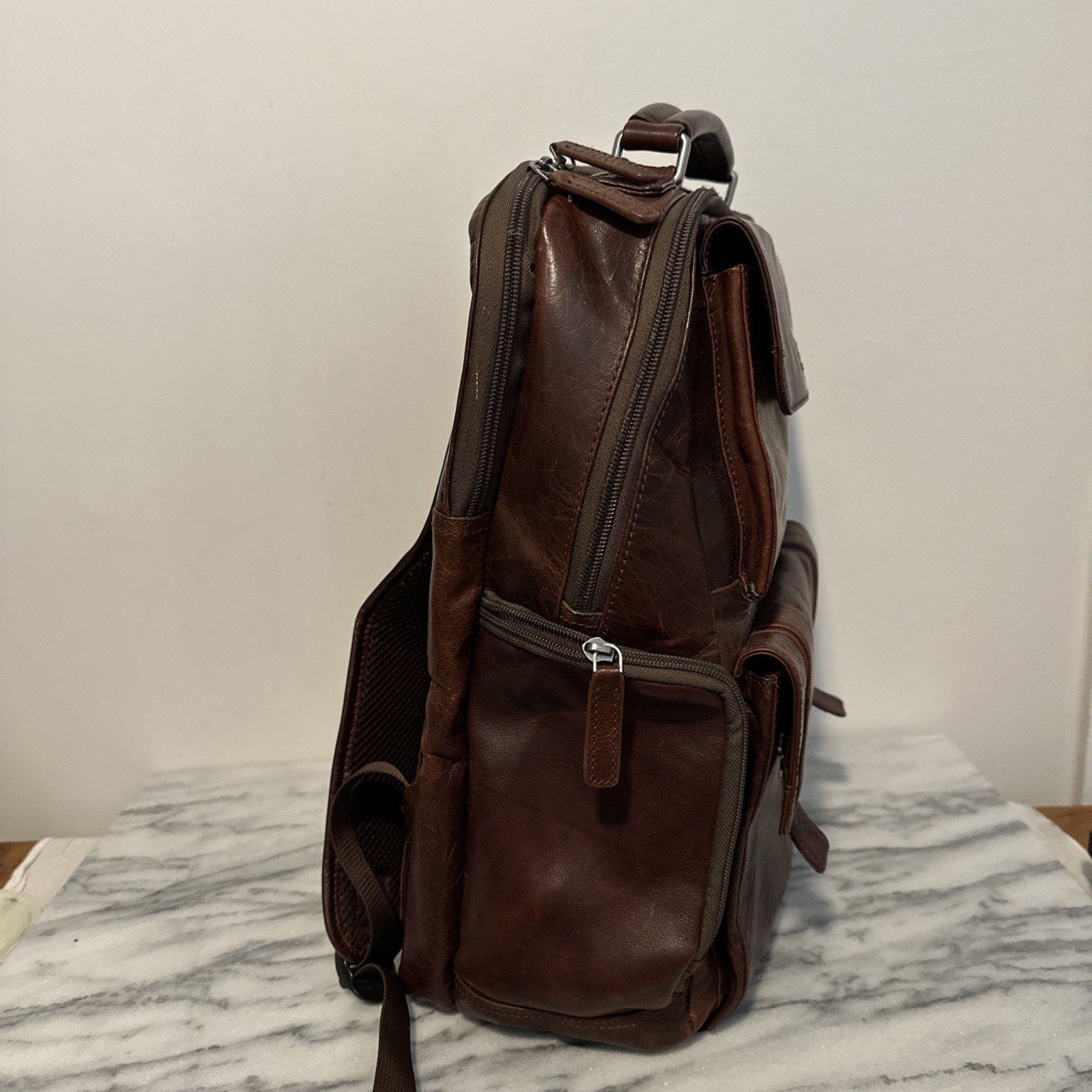Mancini Buffalo Leather Backpack 15.6″ Laptop Bag Brown Front /side Pockets RFID