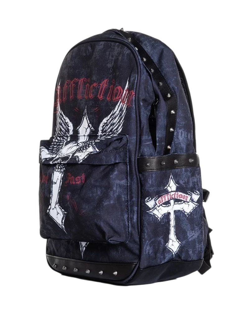 NEW Affliction Live Fast Backpack Skull Cross Leather Trim Studded Laptop Travel
