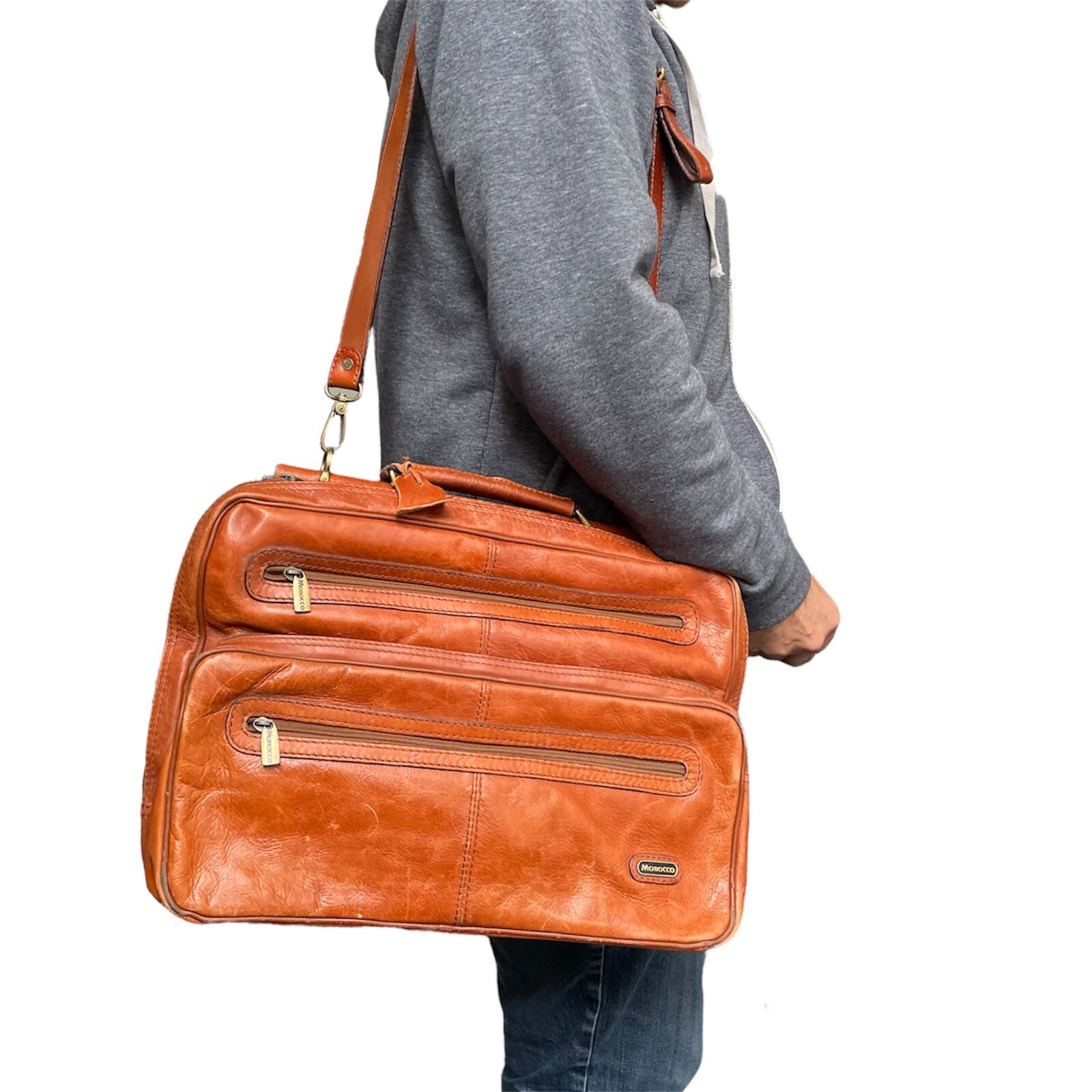 Vintage Morocco Brown Leather Shoulder Messenger Briefcase Bag