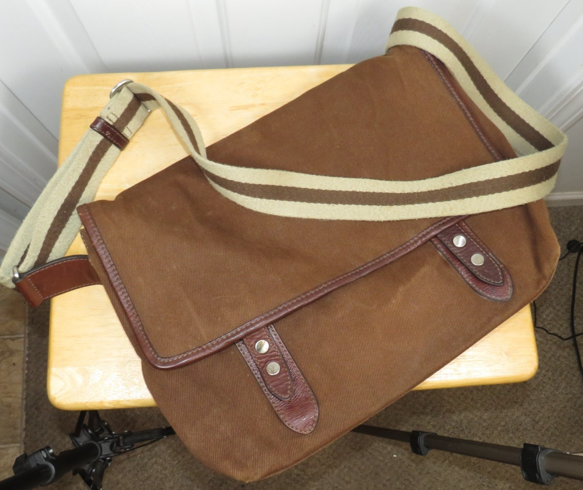 VTG Banana Republic Messenger Bag Canvas Brown Striped Strap & Lining Travel Y2K