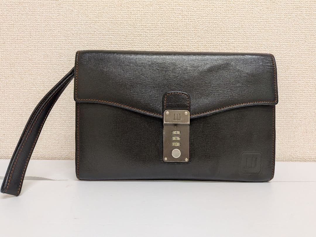 Dunhill Clutch Bag Second Bag Black Leather Dial Lock Wrist Strap Flap Men’s