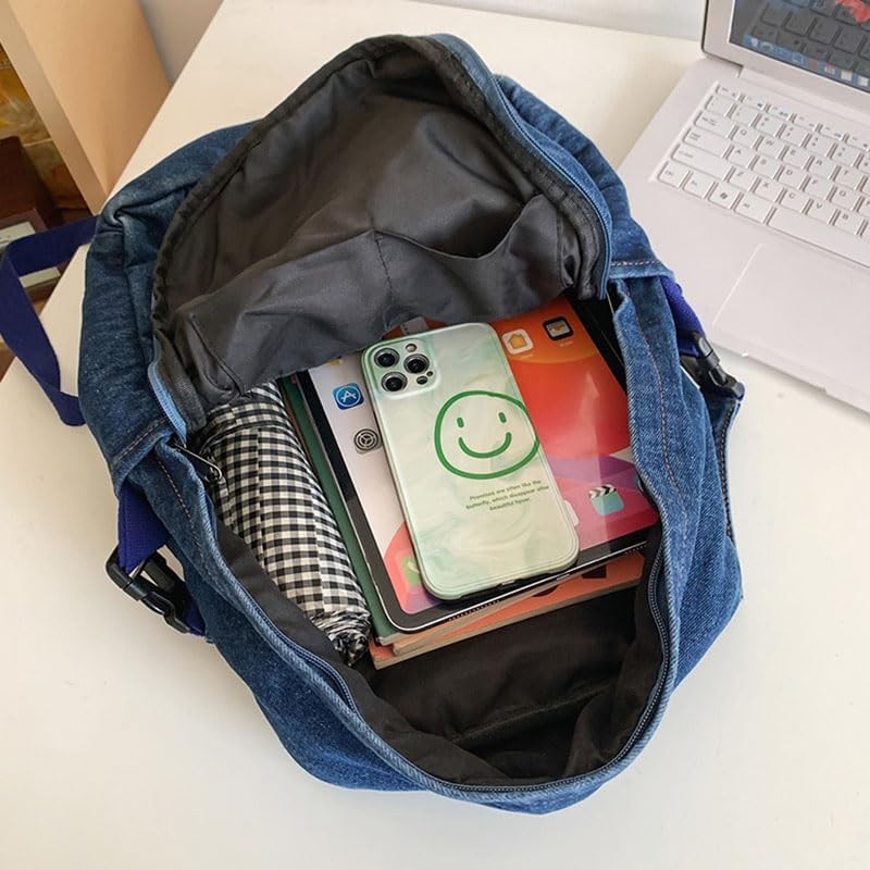 Classic Retro Denim Backpack Y2K Aesthetic Shoulder Bag Lightweight Daypack C…